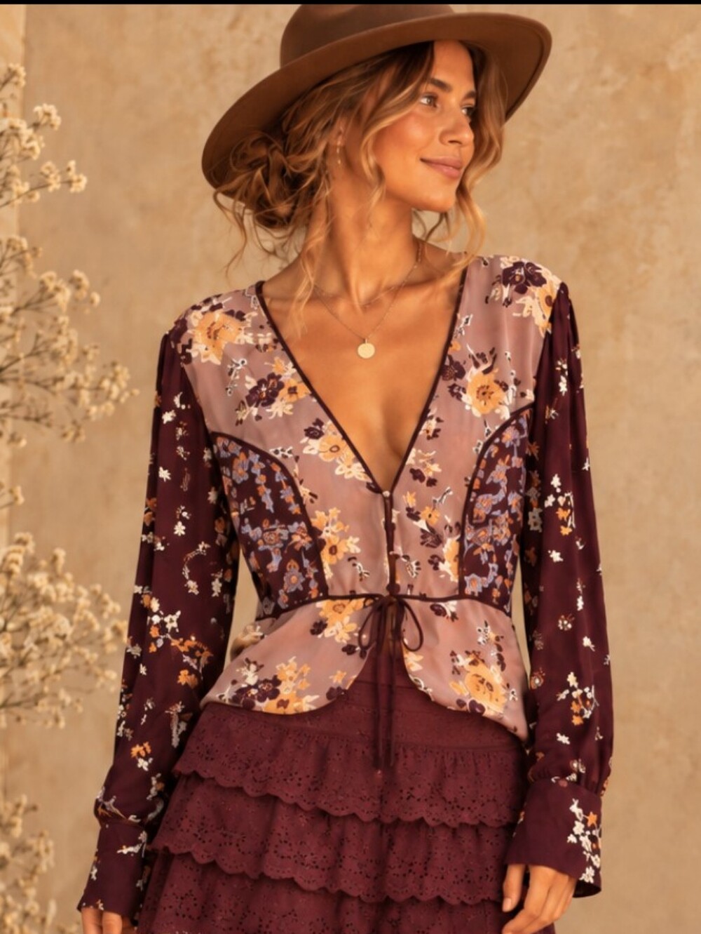 Free People Floral Patchwork Peplum Blouse Top Medium Boho Romantic Tie Gront